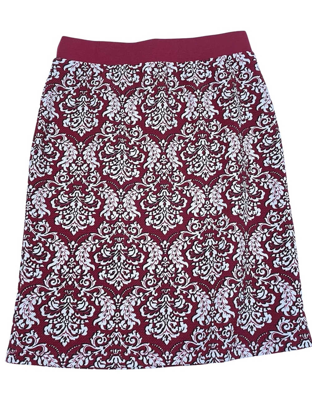 Gilli Burgundy Ivory Damask Pull On Pencil Skirt Stretch Knit Size Medium